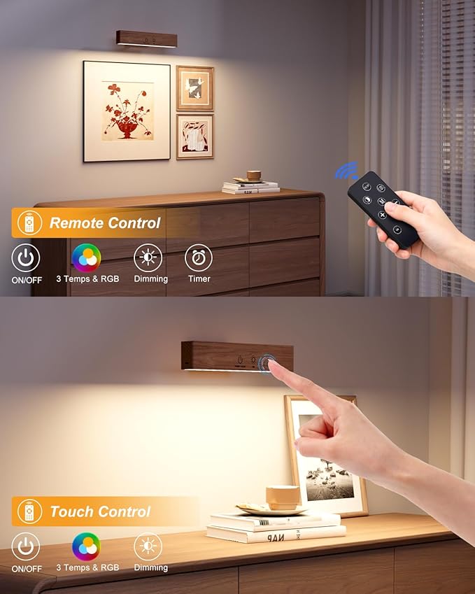 Rechargeable Wood Wall Sconce with Remote & Touch, 5200mAh Battery Operated Wall Lights 3 Color Temperatures & RGB. Magnetic, Stick-On, Dimmable Wall Reading Lamp for Bedroom, Living Room, Picture