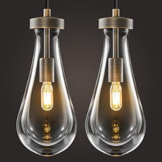 Raindrop Pendant Lights Kitchen Island: Set of 2 Vintage Copper Teardrop Pendants Light - Crystal Hanging Light over Dining Table - Raindrops Lights Fixture for Bedroom Kitchen Island Bulbs Included