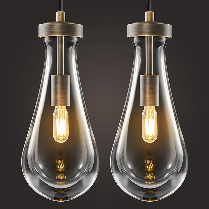 Raindrop Pendant Lights Kitchen Island: 2 Vintage Copper Teardrop Hanging Light - Crystal Pendants Light over Dining Table - Durable Raindrops Lights Fixture for Bedroom Kitchen Island Bulbs Included