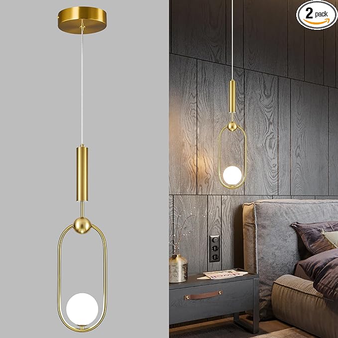 Modern Oblong Glass Pendant Light fixtures 1-Light, Simplicity Gold Pendant Lighting, Mid Century Chandelier for Kitchen Island Dining Room Bedroom Entryway Hallway(2-Pack)