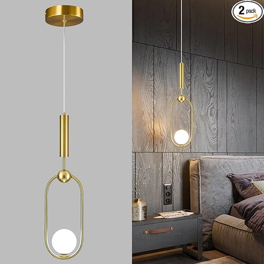 Modern Oblong Glass Pendant Light fixtures 1-Light, Simplicity Gold Pendant Lighting, Mid Century Chandelier for Kitchen Island Dining Room Bedroom Entryway Hallway(2-Pack)