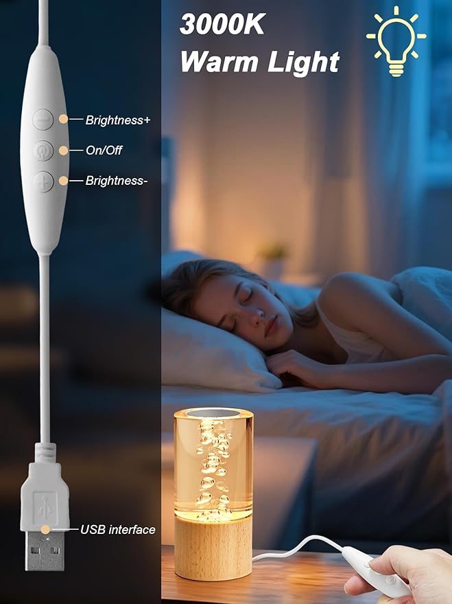 WLHONG Small Wood Table Lamp with USB - 3000K Dimmable LED Rechargeable Bedside Desk Light with Wooden Base, Portable Nightstand Bubble Lamps for Bedroom,Dorm,Living Room,Office Creative Lighting