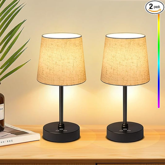 Wowag Small Cordless Table Lamp,5000mAh Rechargeable Battery Operated Desk Lamp,3 Colors & 7 RGB Stepless Dimmable, Portable Touch Wireless Lamp for Bedroom,Dining Table,Restaurant 2 Pack (Flaxen)