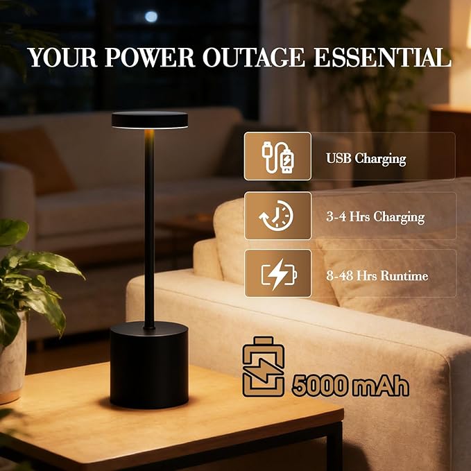 Cordless Table Lamp Set of 2, 5000mAh Rechargeable Lamp with Touch Control & Stepless Dimming, 3 Light Modes, IP54 Waterproof Portable Light for Dining Table, Patio, Bedroom, Power Outage (Black)