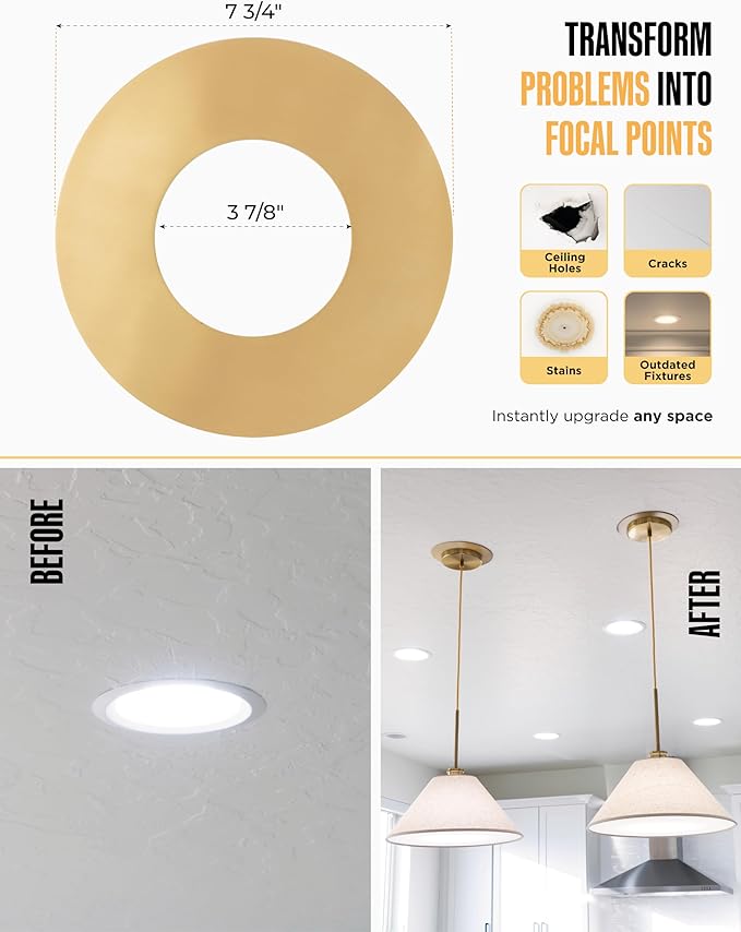 The Can Converter R56 Recessed Can Light Conversion Kit w/ 7"¾ Flat Ceiling Medallion - Home Improvement for 5" & 6" Cans, Converter Kit for Ceiling Fan & Light Fixture, UL Certified, Brushed Brass
