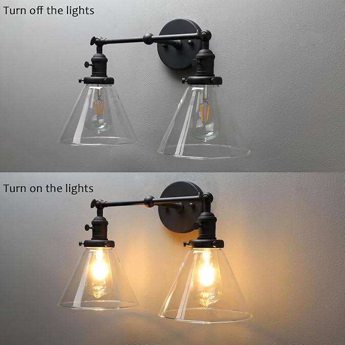 PERMO Double Sconce Vintage Industrial 2-Lights Sconce Antique Wall Sconces with Funnel Flared Glass Clear Glass Shade Vanity Light for Bathroom (Matte Black)