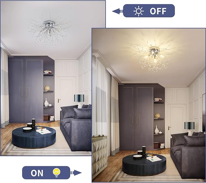 Modern Small Crystal Ceiling Light Fixture, 4-Light Chrome Crystal Sputnik Firework Chandelier, Semi Flush Mount Ceiling Light Fixtures for Bedroom Kitchen Hallway Entryway Bathroom(H9.5'' x W17.7'')