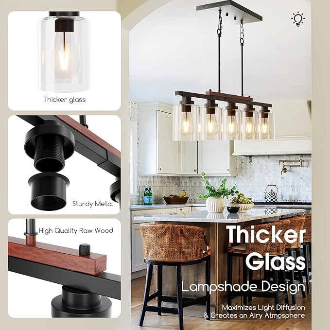 5-Light Kitchen Island Light, 33.4" Island Lighting with Black Metal & Wood, Dining Room Light Fixture for Kitchen Island, Adjustable Height (Bulbs Not Included)