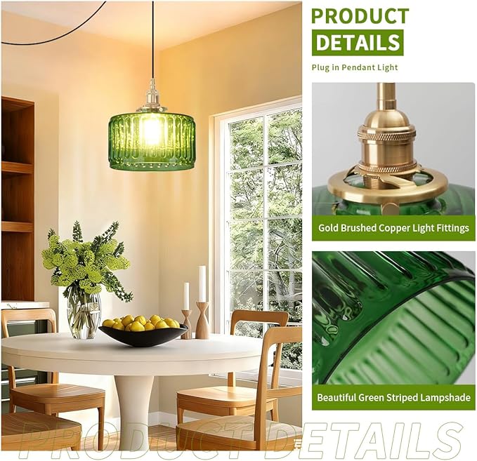 Plug in Pendant Light Green Glass Pendant Lamp Striped Glass Shade Vintage Plug in Ceiling Hanging Lamp 1-Light with Plug in Cord Swag Ceiling Light for Kitchen Island Living Room
