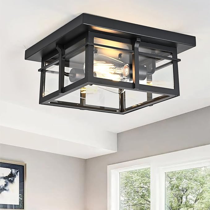 Farmhouse Ceiling Light Fixture Black 2-Light with Clear Glass, Square Flush Mount Ceiling Light for Hallway Kitchen Bedroom Porch