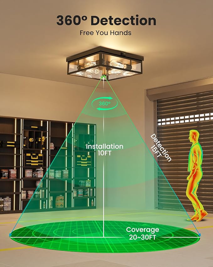 Caftersmark Outdoor Ceiling Light with Motion Sensor 14‘’, Flush Mount Porch Ceiling Light, lear Glass with Dusk to Dawn 4-Light Close to Ceiling Light Fixture for Patio,Porch,Garage
