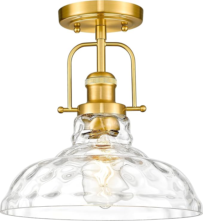 FEMILA 11" Brushed Gold Flush Mount Ceiling Light Fixture, Semi Flush Kitchen and Bedroom Ceiling Light with Water Ripple Glass Shade, 4FY09-F BG-WG