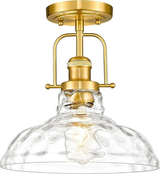 FEMILA 11" Brushed Gold Flush Mount Ceiling Light Fixture, Semi Flush Kitchen and Bedroom Ceiling Light with Water Ripple Glass Shade, 4FY09-F BG-WG