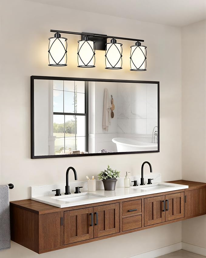 4-Light Black Bathroom Light Fixtures with Milk White Frosted Glass, 29" Modern Bathroom Vanity Lighting Fixtures Over Mirror with Metal Cage, Wall Sconce Lights for Bath, E26, CH9176BKW-4W