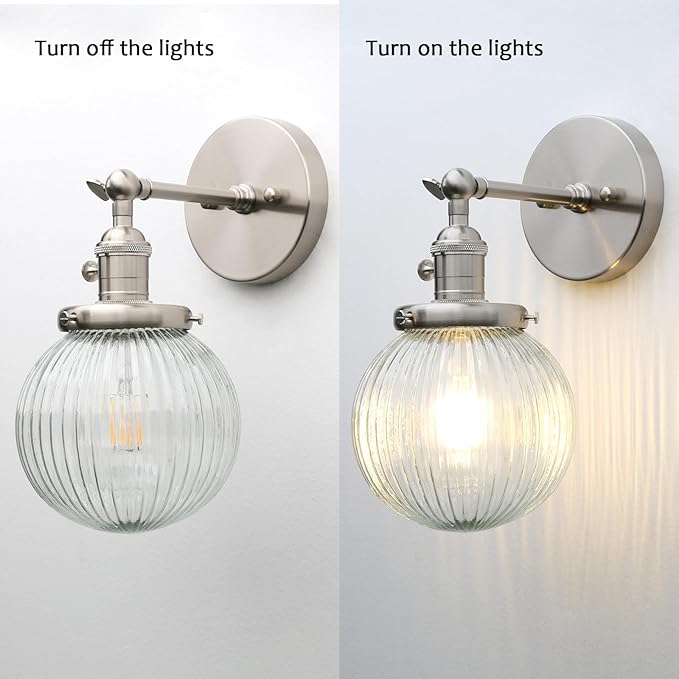 PERMO Sconce with Switch Industrial Gold Wall Sconce Lighting with Ribbed Globe Lampshade (Brushed, 1 Light-Hardwired)