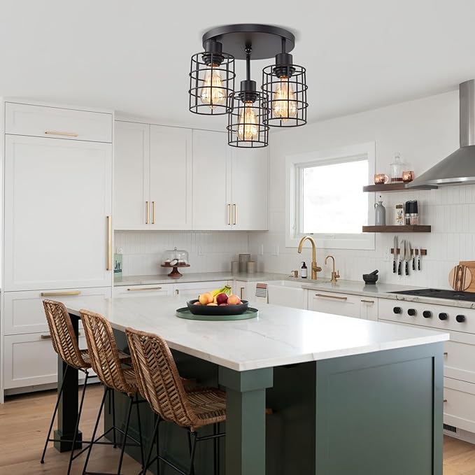 3 Lights Industrial Ceiling Light Fixtures,Iron Cage Ceiling Lamp Pendant Lighting,3-Light Close to Ceiling Light Fixtures, Modern Chandelier for Bedroom Entryway Kitchen Hallway