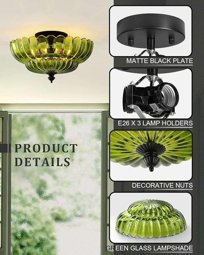 ANYLOVE Modern 12Inch Green Flower Glass Semi Flush Mount Ceiling Light, 3 Light for Living Room Bedroom Hallway Entryway Foyer