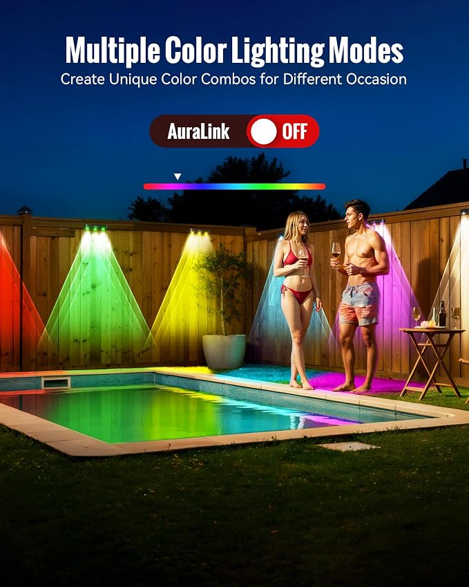 Solar Outdoor Fence Lights Solar Powered, 60LM RGB Outdoor Solar Lights with Sync Group Control & 10 Light Modes, Solar Lights Outdoor Waterproof IP65 for Outside Porch, Wall, Deck (16 Pack)