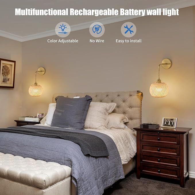 Vitnucrol Battery Operated Wall Sconces Set of 2 with Remote, Rechargeable Boho Rattan Battery Powered Wall Lights/Lamps, Wireless Lighting Fixtures for Bedroom Farmhouse, 15 Colors Dimmable, Gold