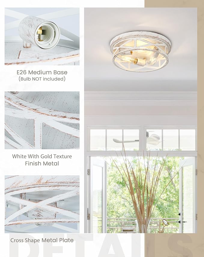 13 inch White and Gold Flush Mount Ceiling Light Fixtures,3-Light Modern Hallway Light Fixtures Ceiling, White and Gold Light Fixture Ceiling Mount for Farmhouse,Kitchen, Bedroom 1Pack