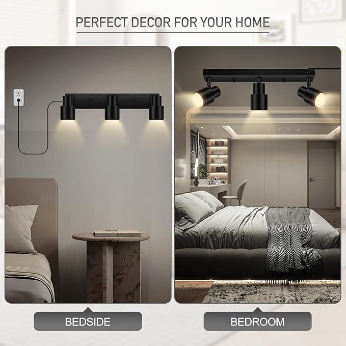 Plug-in Track Lighting LED, Track Light Fixtures Ceiling, Black Plug in Wall Lights with 14.8ft Cord, 3 Way Ceiling Spotlight for Kitchen, Rotatable Light Head for Bedroom Hallway(GU10 Socket,NO Bulb)