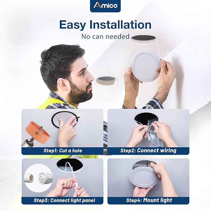 Amico 6 Pack 6 Inch 5CCT Ultra-Thin LED Recessed Ceiling Light with Metal Junction Box, 2700K-5000K Selectable, 12W Eqv 110W, Dimmable Canless Wafer Downlight with Plastic Trim, 1050 Lumens -ETL&FCC