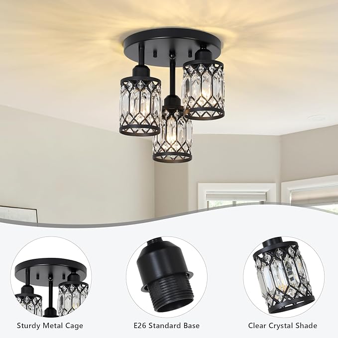 Semi Flush Mount Ceiling Light,3-Light Modern Crystal Close to Ceiling Light Fixtures, Black Kitchen Light Fixtures with Clear Crystal Shade,Hallway Light Fixtures for Hallway Bedroom Bathroom