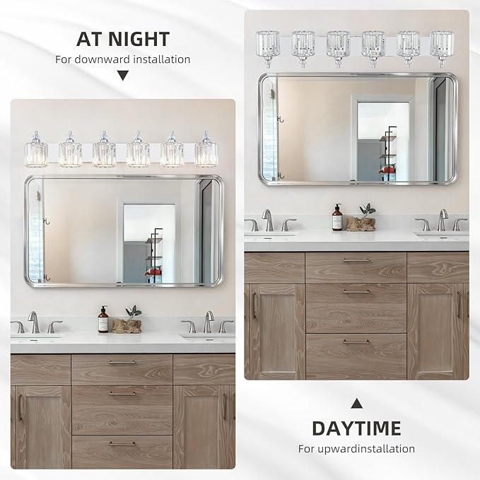 6-Light Modern Bathroom Light Fixture Chrome Bathroom Vanity Lights Over Mirror Wall Sconce Lighting with K9 Crystal Shades E26 Base for Bedroom, Living Room, Hallway Wall Lamp