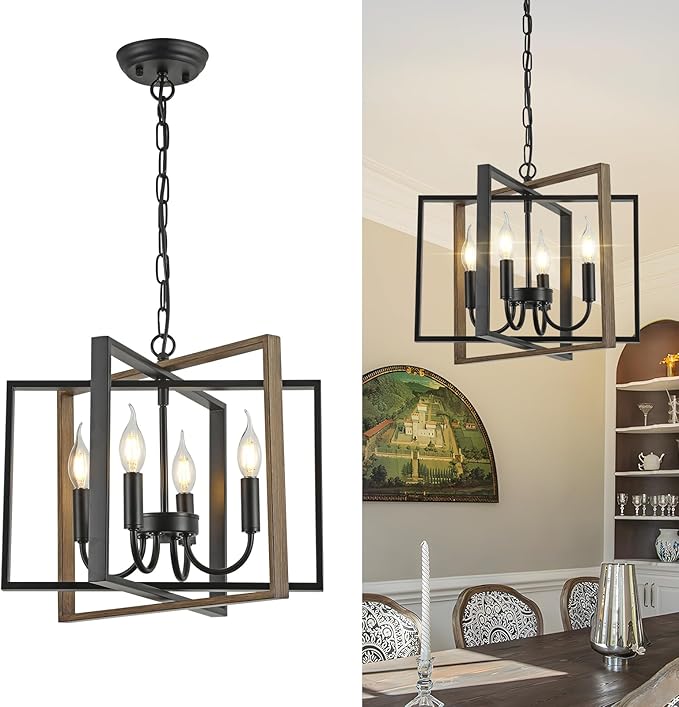 Farmhouse Chandelier Black Rustic Pendant Light Fixture, Adjustable Metal Flush Mount Ceiling Light for Kitchen Island, Dining Room, Living Room, Bedroom, Foyer
