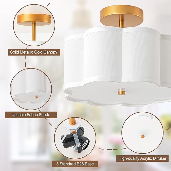 Bargeni Semi Flush Mount Ceiling Light,13 inch Modern Ceiling Light Fixture,Gold Light Fixtures Ceiling Mount with Flower-Shaped Fabric Shade, Flush Mount Light Fixture for Bedroom,Living Room,Hallway