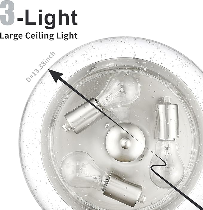 Darkaway Large Ceiling Light Fixtures 3-Ight Flush Mount Indoor Outdoor Ceiling Light with Seeded Glass Shade for Hallway Kitchen Bedroom Porch Living Room Dining Room Nickel Finish