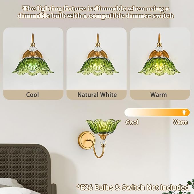 1 Piece Vintage Wall Sconce with Floral Green Glass Shade, Matte Brass Finish Wall Sconce for Bathroom, Vintage Bathroom Vanity Light Fixture