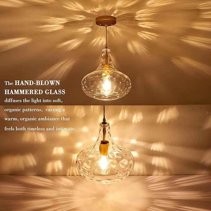 Modern Glass Pendant Light Hand-Blown Hammered Glass Shade 11inch Large Gold Pendant Lighting Fixtures for Kitchen Island 1 Light Ceiling Hanging Light for Kitchen Sink Dining Room Hallway, UL Listed