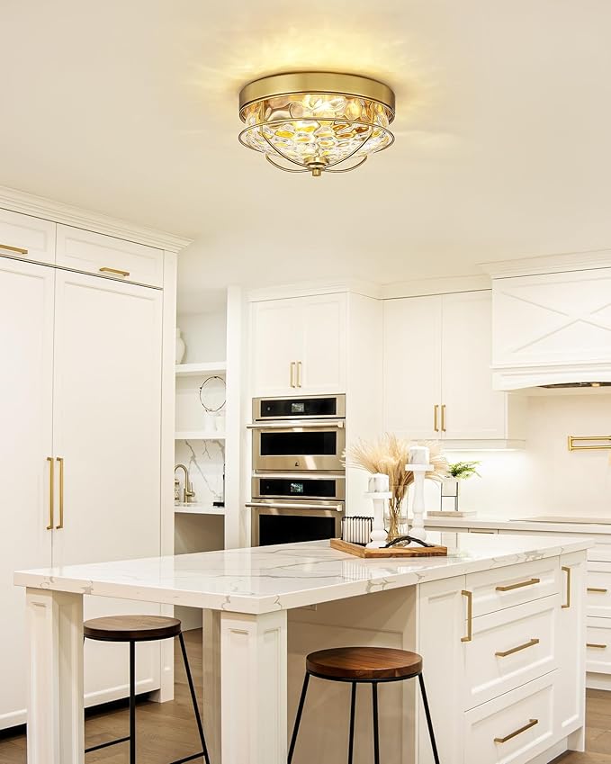 Flush Mount Ceiling Light Gold, HWH 12 Inch Ceiling Light Fixture with Water Ripple Hammered Glass, Modern 2-Light Ceiling Mount Light for Bedroom Kitchen Foyer, 5HTJ7WG-F BG