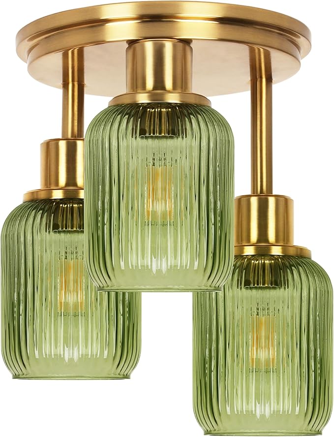 Semi Flush Mount Ceiling Light, 3-Light Close to Ceiling Light Fixtures, Brass Gold Finish Kitchen Light Fixtures with Green Glass Shades Patriot Lighting for Entryway Porch Hallway, Gold & Green