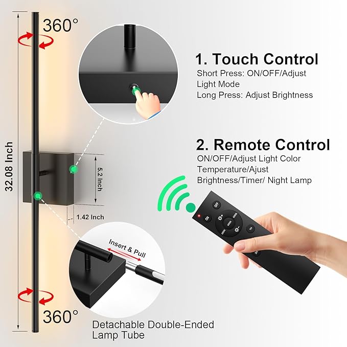 Tartek Battery Operated Wall Sconces Set of Two, Rechargeable Wall Lights with Remote Control, Dimmable 3000K-6000K LED Wall Lamp, 360°Rotate, Long Wireless Sconces for Living Room, Bedroom