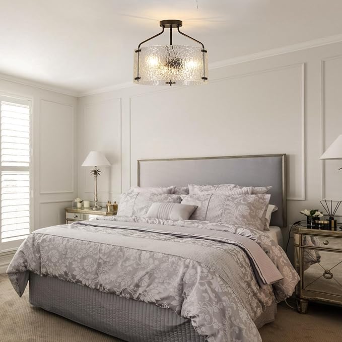 Semi Flush Mount Ceiling Light Fixture 16''Glass Chandelier Kitchen Lighting Fixtures Ceiling 3-Light Black Chandelier Hallway Light Fixture for Foyer Porch Bedroom Laundry Room