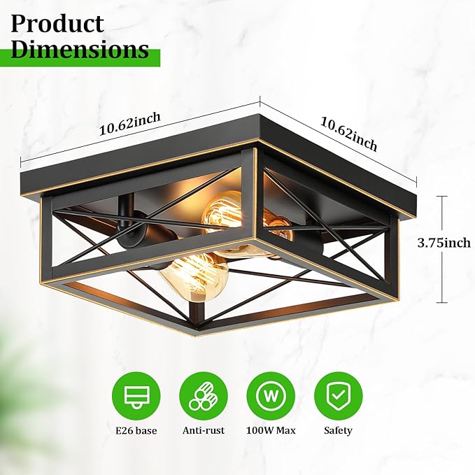 Brushed Gold Hallway Light Fixtures Ceiling, 2-Light Farmhouse Industrial Flush Mount Ceiling Lights, 2-Pack Metal Kitchen Light Fixtures, Close to Ceiling Lights for Bedroom Living Room Entryway