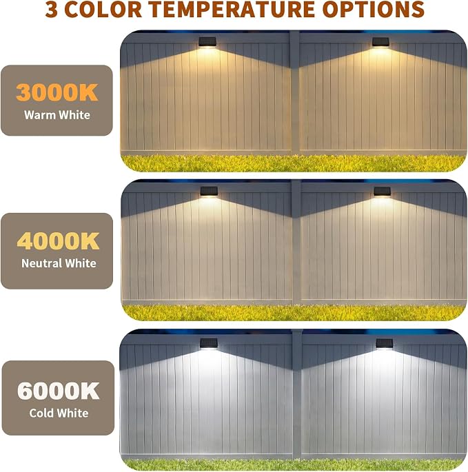 NIORSUN Solar Fence Lights 16 Pack, Outdoor Solar Lights with 3 Color Temperatures, IP65 Waterproof Wide-Angle LED Lighting for Fence, Patio, Yard, Deck, Wall, Garden (Black)