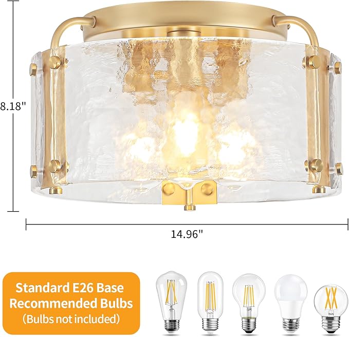 TOULMJ 15'' Modern Gold Semi Flush Mount Ceiling Light, 3-Light Hammered Glass Kitchen Ceiling Lighting Entryway Light Fixtures Ceiling Lamp for Hallway Foyer Bathroom Laundry Dining Room Bedroom