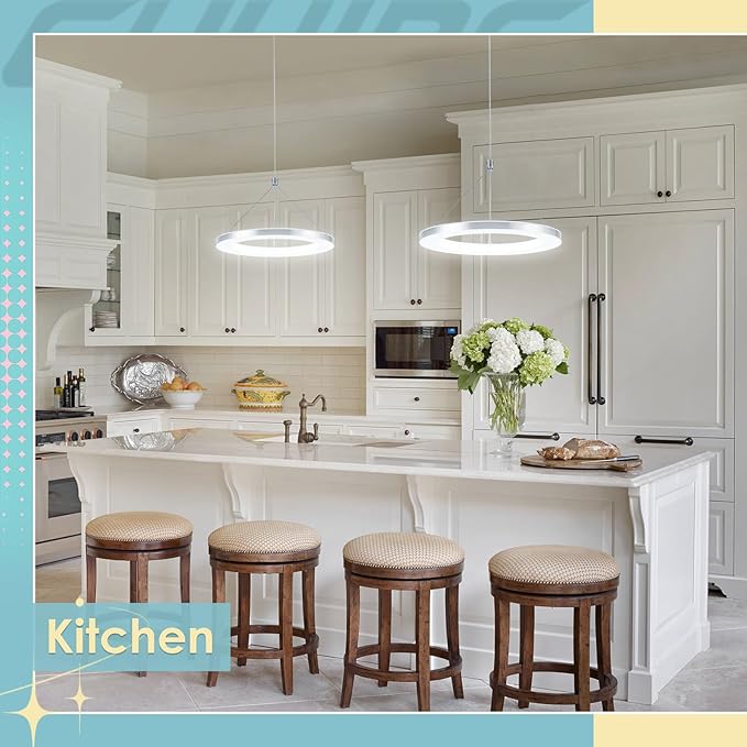 CHYING LED Pendant Lights Kitchen Island, 11.8" 15W Cool White Modern Ring Chandelier, Adjustable Height Silver Hanging Pendant Ceiling Light for Dining Room Bedroom Hallway Entryway, 6500K