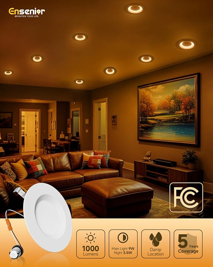 Ensenior 5/6 Inch 5CCT LED Can Lights with Night Light 4 Pack, Retrofit Led Recessed Lighting, Baffle Trim, Dimmable, 9W=110W, 1000LM, IC Rated - FCC