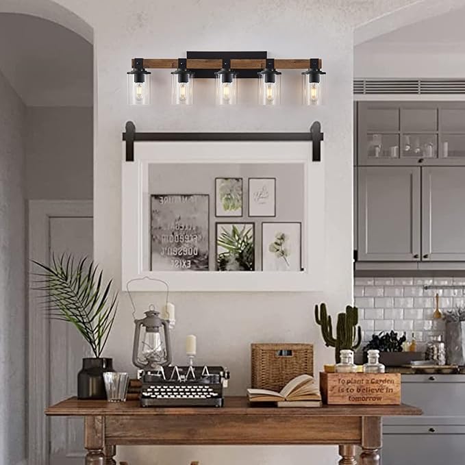 DUJAHMLAND Farmhouse Vanity Lights, 5-Light Wood Bathroom Wall Lighting with Clear Glass, Industrial Metal Wall Sconce for Bedroom, Kitchen, Hallway (Antique Wood, 5-Light)