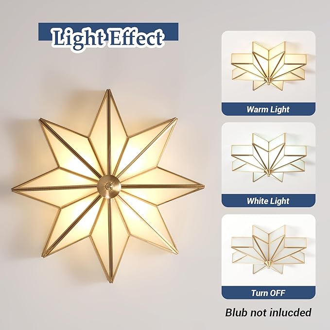Star Glass Ceiling Light with Ceramic Light Socket Brass Flush Mount Ceiling Light Fixture with Frosted Glass Shade Mid Century Moravian Star Light for Bedroom Foyer Living Room (19.7")
