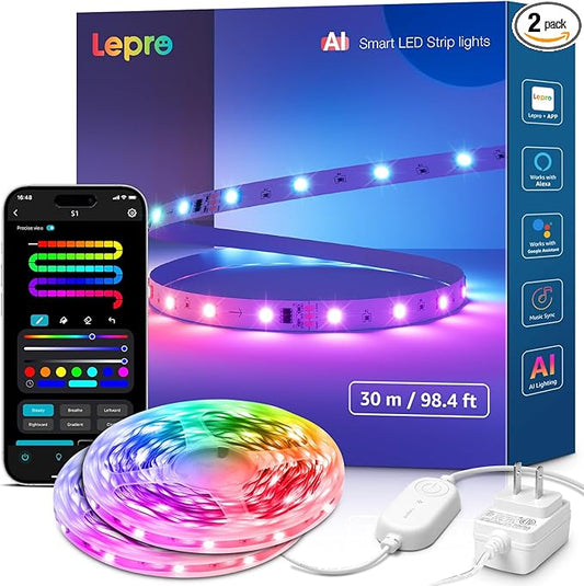 Lepro S1 AI LED Strip Lights for Bedroom - 100ft(2 Rolls of 50ft) Smart RGB Light Strips with IC and Rainbow Chasing Effects, Color Segment DIY, APP Control, No Remote, 2.4G Wi-Fi Only & Bluetooth