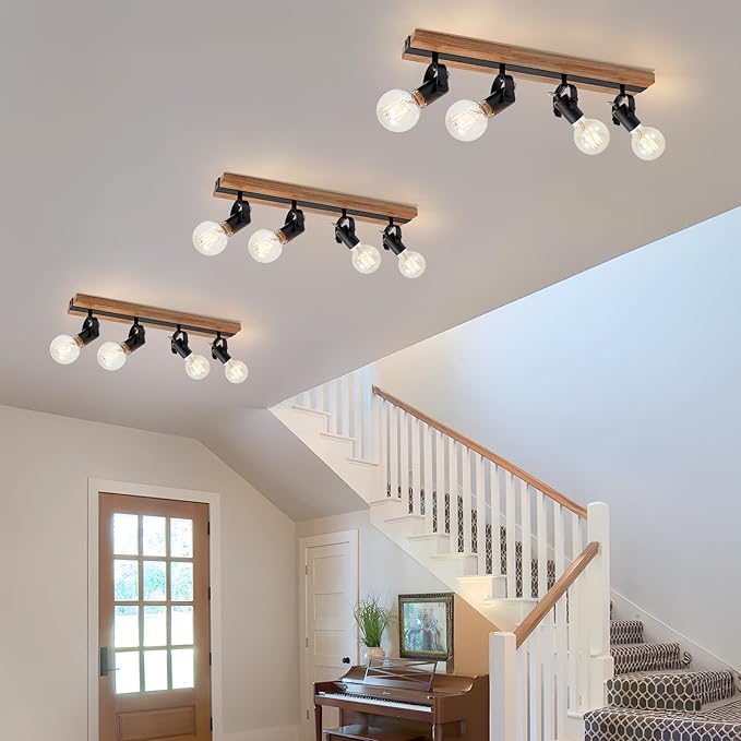 SEEBLE 4-Light Rectangular Flush Mount Ceiling Light, Linear Wood Track Lighting with Adjustable Spotlights, Farmhouse Kitchen Ceiling Light for Dining Room Hallway Bathroom