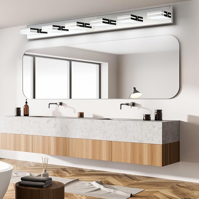 SineRise LED Modern Bathroom Vanity Light Fixtures (6-Light, 48-Inch), Chrome Modern Acrylic Bathroom Wall Lighting Fixtures Over Mirror (Cool White 6000K)
