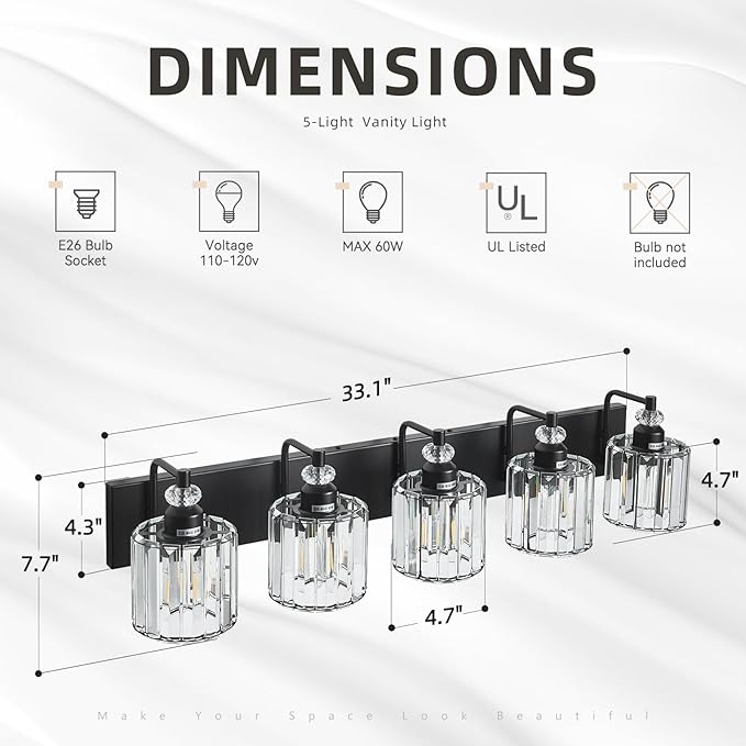 5-Light Black Bathroom Light Fixtures Over Mirror Modern Vanity Lights Crystal Wall Sconce Vintage Bathroom Lighting with Crystal Shade E26 Base for Bedroom, Living Room, Hallway