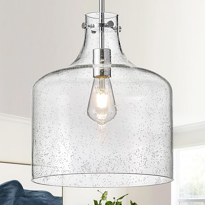 CATINER 12" Chrome Seeded Glass Pendant Light, Modern Farmhouse Hanging Ceiling Light Fixture for Kitchen Island, Dining Room, Hallway, Hand-Blown Bubble Glass Shade, E26 Dimmable Pendant Lighting