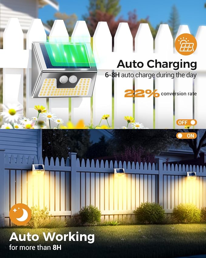 vighep 4 Pack Solar Lights Outdoor Motion Sensor, Waterproof Fence Lights 3 Lighting Mode, Warm White LED Outside Light Wireless for Fence Wall Yard Steps Stairs Garden -Stainless Steel